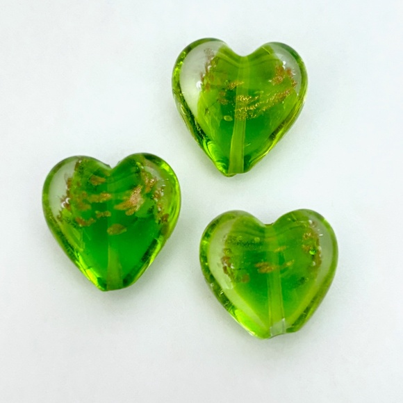 As Low As $2 Crystal Green Goldsand Handmade Lampwork Hearts (3) - Picture 1 of 2